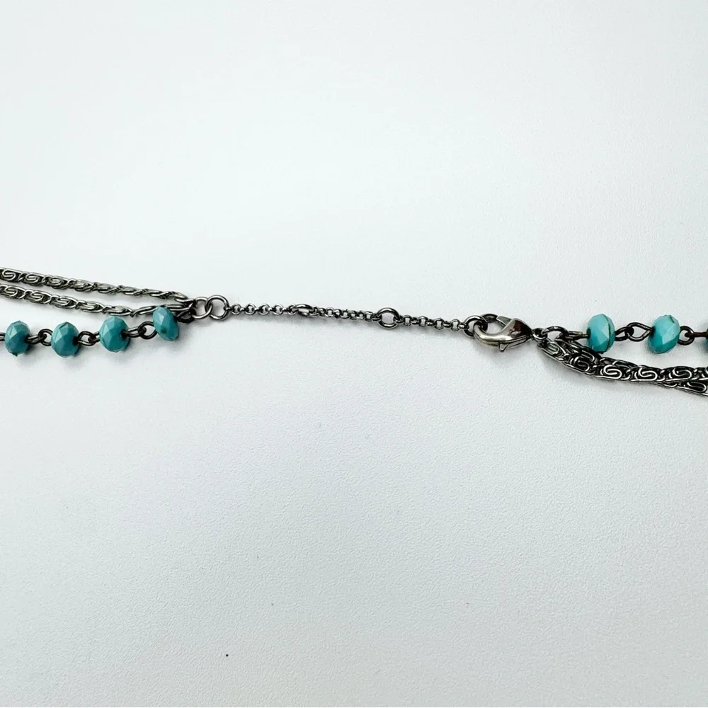 Turquoise Multi-strand Boho Necklace Silver Toned Chains 28”